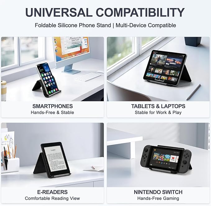 Foldable Silicone Aluminum Holder, Flexible Silicone Phone Stand with Anti-Slip Pad, Portable Rollable Multi-Angle Stand for Phone Tablet Laptop – Bendable & Foldable Home, Office, Travel (2, Black)