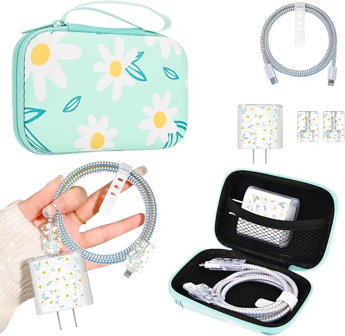 Phone Charger Case Storage Set with Chrysanthemum Cable Protector with Carrying Cable Case Bag,Cord Organizer, USB Earphone Wire Saver Organizer Charger Protector for iPhone (Blue Chrysanthemum)