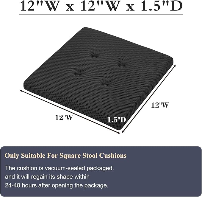 baibu 12 Inches Memory Foam Square Stool Cushions with Ties Set of 4, Dual-Layer Design Breathable Square Chair Pads Seat Cushions with Non-Slip Bottom- Only 4 Pads (12" (4PC), Black)