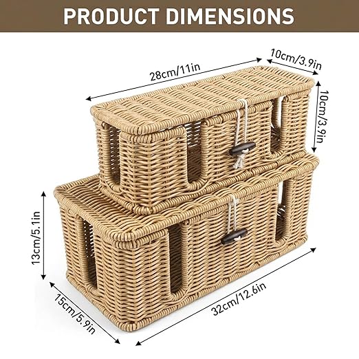 2 Pcs Rattan Cable Management Box, Large Cord Organizer Box with Lid Under Desk Router Hider with 4 Exits, Wire Boxes Hider for TV Wires Computer Surge Protector USB Hub Power Strip(Natural)