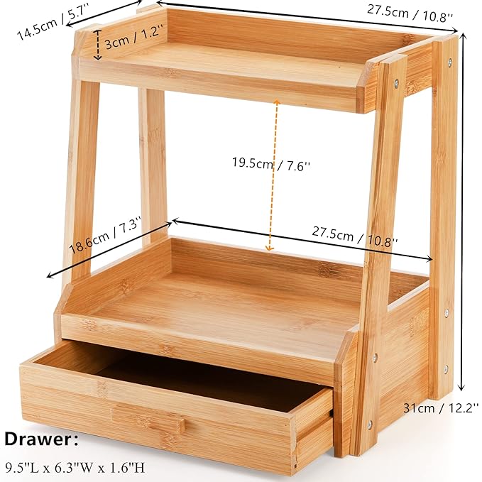 Lyellfe 2 Tier Bamboo Makeup Organizer, Bathroom Counter Organizer with Drawer, Multi-purpose Cosmetic Perfume Display Stand for Skincare, Lipstick, Jewelry, Brush, Easy Assembly