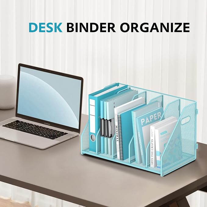 SUPEASY Binder Organizer, Magazine File Holder with 5 Vertical Compartments Rack, Metal Desk File Organizer & Binder Holders, Magazine Organizers for Office Desktop, Home, School, Classroom (Blue)