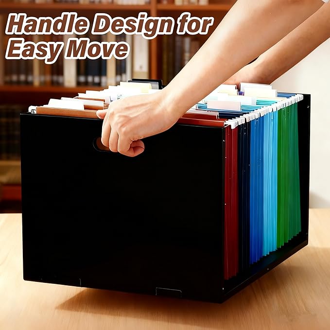 Hanging File Organizer Box with Handle, Acrylic File Folder Organizer Letter Size, Portable Hanging Folder Storage Boxes for Home Office Desk Document Storage, Black