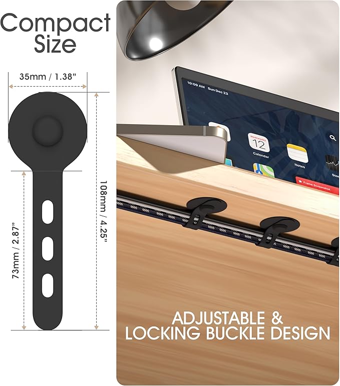 Cable Management Under Desk, Adjustable Self-Adhesive Silicone Cable Ties Cord Organizer, Reusable Heavy-Duty Cord Holder Under Table for Office, Home, School (20Pcs-Black)