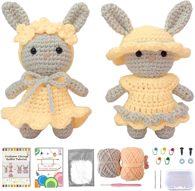 LoopMap Amigurumi Crochet Kit for Beginners with Removable Dress & Video Tutorials, DIY Bunny Making Kit Includes Premium Yarn & Tools, Creative Gift for Adults Teens (Yellow)