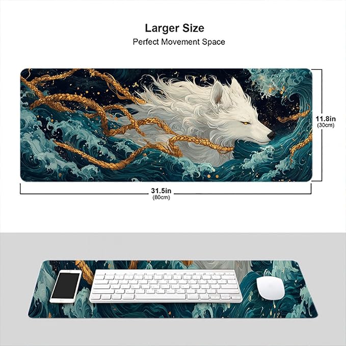 Japanese Mythology Gaming Mouse Pad Anime White Wolf Waves Fantasy Extended Gaming Mouse Pad Mat with Stitched Edge Non-Slip Base Big Size 31.5"x11.8" Office Computer Keyboard Laptop Home