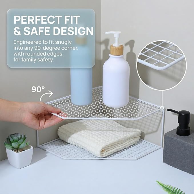 Beavorty 2-Tier Corner Storage Shelf Cabinet Organizer Corner Stand Rack Countertop Shelf Storage for Dishes and Plates Kitchen Cabinet Pantry Cosmetics Makeup Organization 12cm White