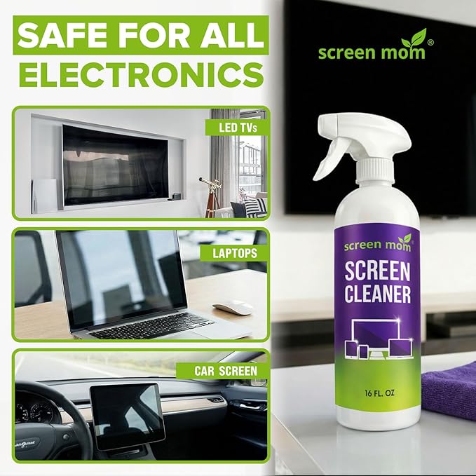 Screen Mom Screen Cleaner Spray and Microfiber Cloth 2-Pack (2x16oz) Screen Cleaner Spray and Wipe for TV, Computer, Phone, iPad, Car Screen Cleaning Kit Electronic Cleaner Spray