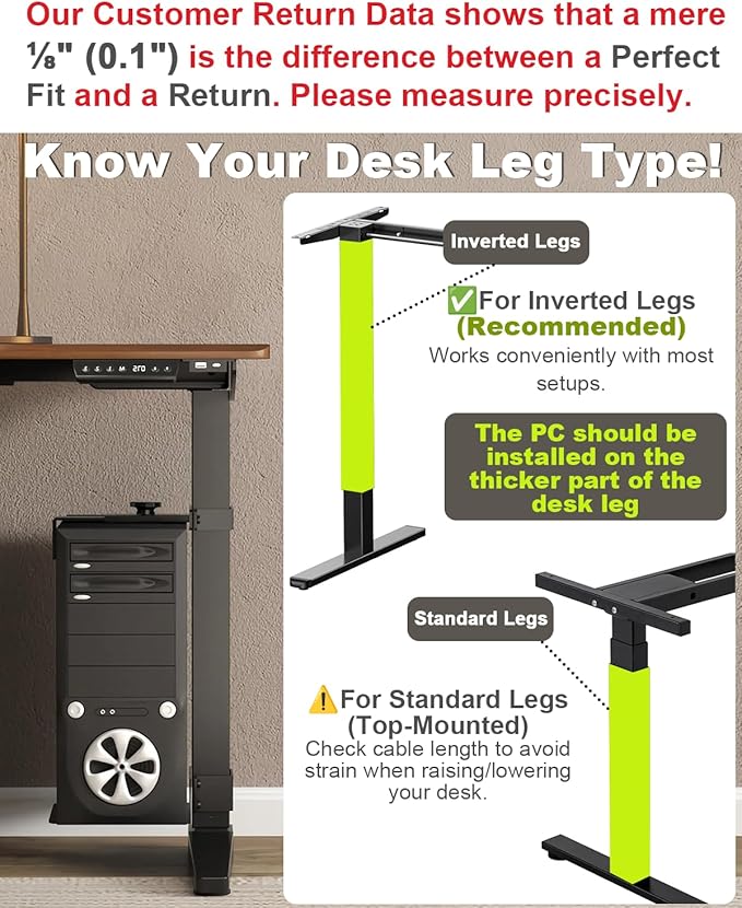 Under Desk PC Mount - No Drilling Heavy Duty 40 lbs Capacity, Adjustable Height and Width Clamp-on Desk Leg PC Mount for Standing Desks (Fits 75mm×45mm Legs only), with Non-Slip Pads, White