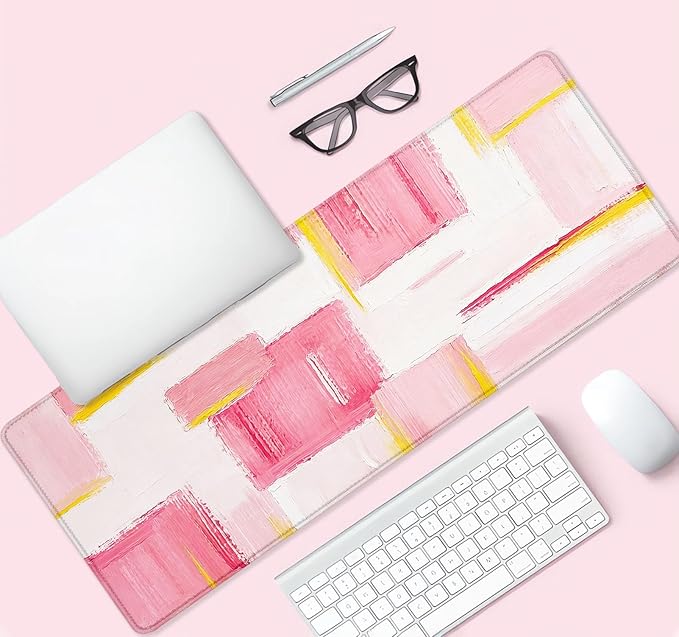 Pink and Gold Large Mousepad for Laptop, Abstract Art Desk Mat, Modern Pink and White Desk Pads, Non-Slip Rubber Base Desktop Mat, Computer Mouse Pad, 31.5 x 11.8 inch