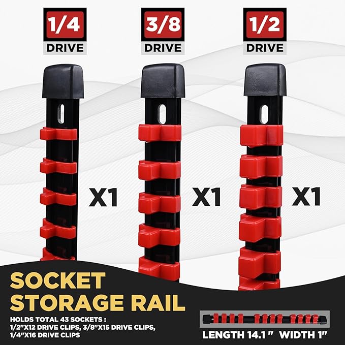 Socket Organizer Set 3PCS ABS Socket Holder Kit, 1/4-Inch x 16 Clips, 3/8-Inch x 15 Clips, 1/2-Inch x 12 Clips Socket Set Organizer, Drive Socket Tray, Socket Holders Clip Socket Rail, Red