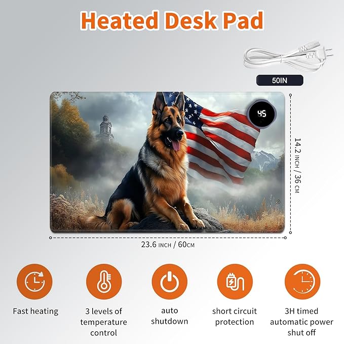 Heated Mouse Pad,Warm Desk Pad with 3 Levels Heating & 3 Hours Auto Shut-Off, PU Leather Heated Desk Pad Warmer Pad for Home Office - 23.6 x 14.2 inch,German Shepherd Flag