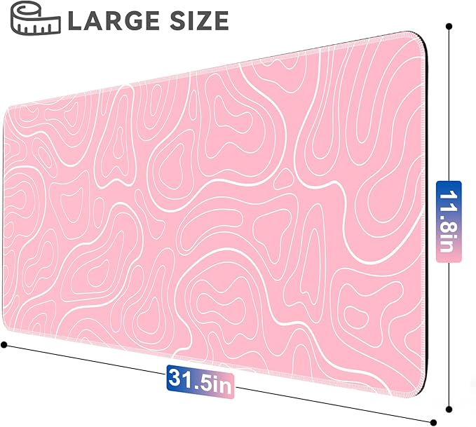 Gaming Mouse Pad Big Mousepad with Non-Slip Rubber Base, 31.5 x 11.8 in XL Large Desk Mat for Gaming Home Office, Long Keyboard Pad Mouse Mat for Computer with Stitched Edges, Pink Topographic