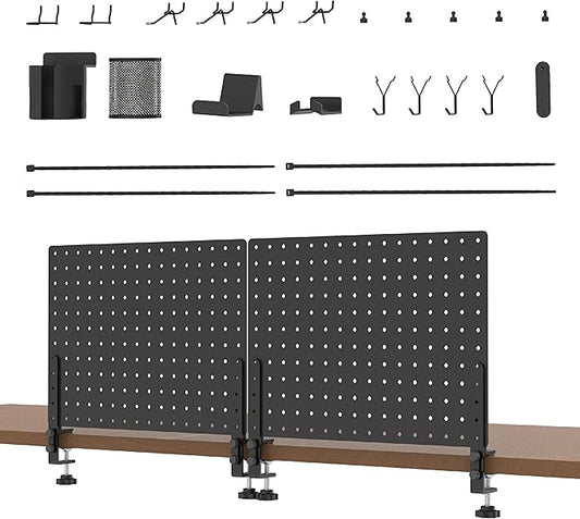 HUHOLE Clamp On Desk Pegboard 32" x 12" (Complete Kit)-No Drill Metal Desktop Privacy Panel & Organizer with Accessories-Vertical Storage Divider for Home Office, Gaming Setup-Black