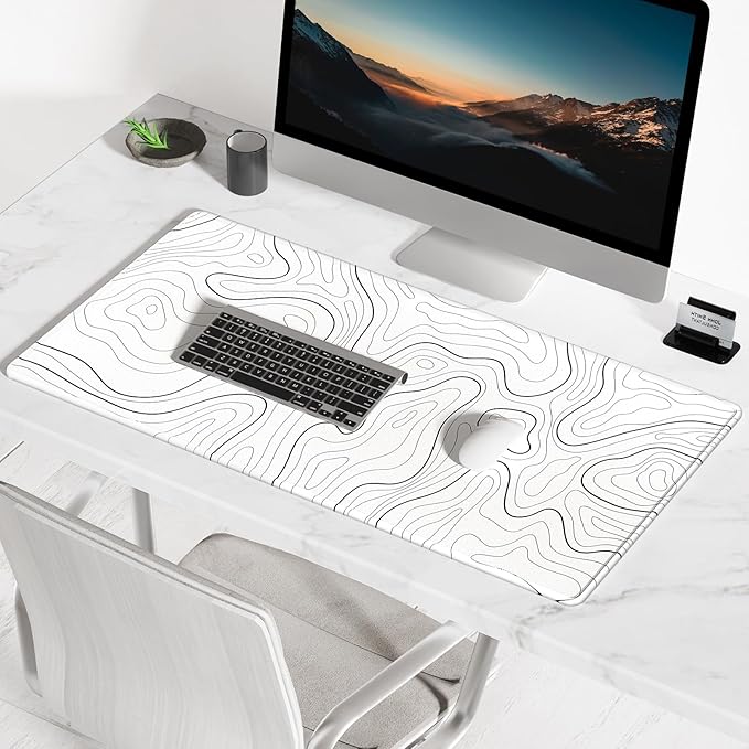 BOSOBO Large Mouse Pad, Desk Pad, XXL XL Extended Gaming Mouse Pad, Desk Mat for Office & Home, Long Keyboard Mat, Desktop Full Cover 31.5" x 11.8", Minimalist Topographic Map White