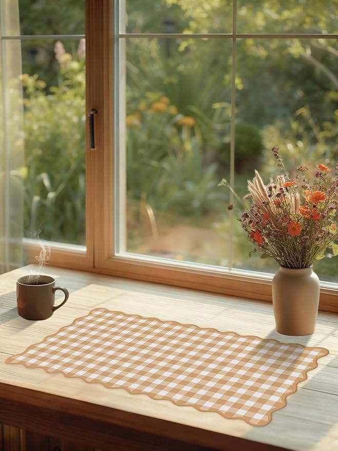 Scalloped‌ Orange Checkered Gingham Desk Mat Cute Pastel Large Mouse Pad Kawaii Cottagecore ‌Vintage‌ Rustic Keyboard Pad Computer Mat for Desktop Aesthetic Cozy Office Desk Decor