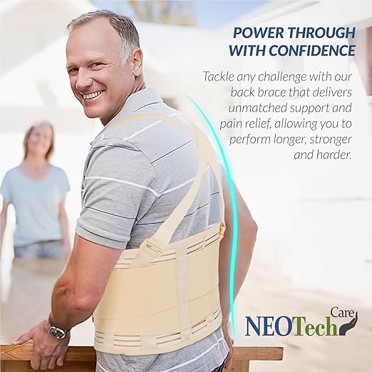 NeoTech Care Back Brace with Suspenders for Work - Industrial Lifting Safety, Elastic Compression, Hook & Loop Closure (Beige, Size L)