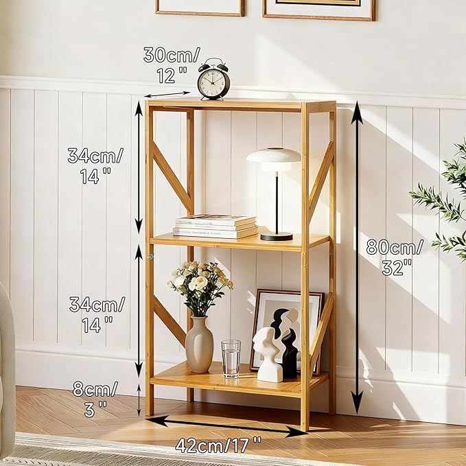 Bamboo Bookshelf, 3 Tier Rustic Style Bookcase, Multifunctional Narrow Shelving Unit Storage Rack for Living Room, Garage, Kitchen, Office, Bookroom, Bedroom, 42 x 30 x 80 cm (3 Tier)