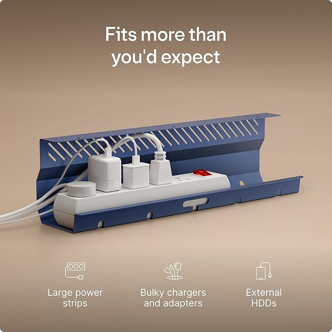 Desktronic Cable Duct Desk Blue Set of 2 - Stainless Steel Cable Management Desk Cable Duct with 5 Cable Cut-Outs - Easy to Install Cable Organiser - Cable Holder