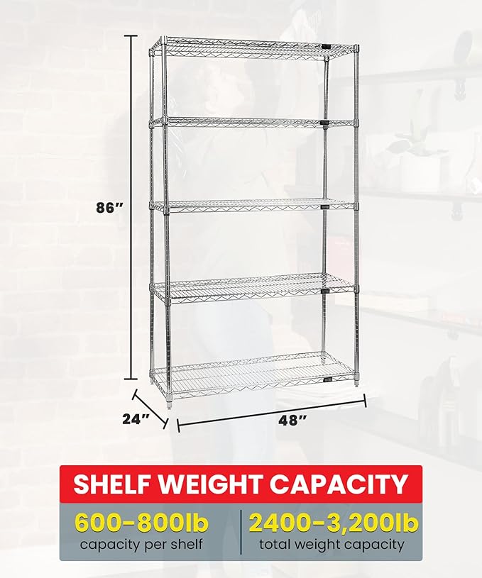 QUANTUM STORAGE SYSTEMS WR86-2448C-5 Starter Kit Wire Shelves Chrome 5 Shelves 86" H x 48" W x 24" D