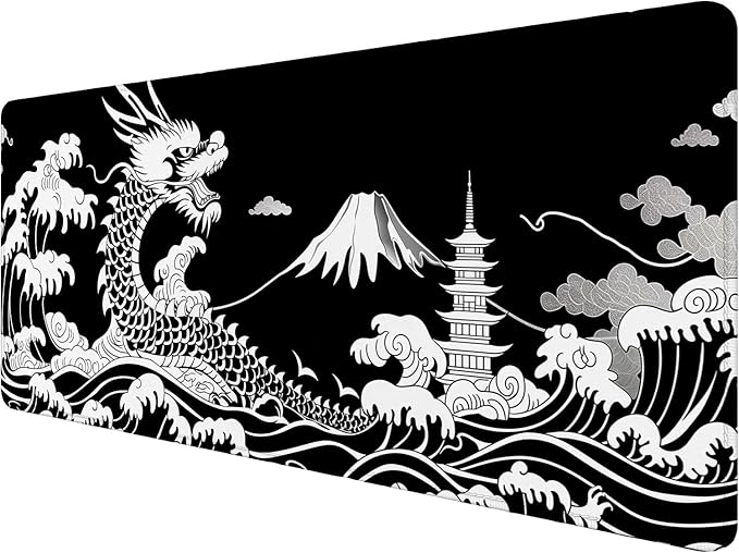 Dragon Desk Mat Gaming Mouse Pad Black White Japanese Sea Wave Extended Gaming Mouse Pad Mat with Stitched Edge Non-Slip Base Big Mouse Pad Office Computer Keyboard Laptop Home 31.5"x11.8"