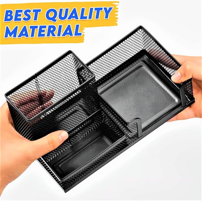 2 Pack 3 in 1 Mesh Pen Holder for Desk, 3 Compartments Pencil Holder Desk Organizer Caddy with Sticky Notes Holder Easy Storage Suitable for Home, Office and School