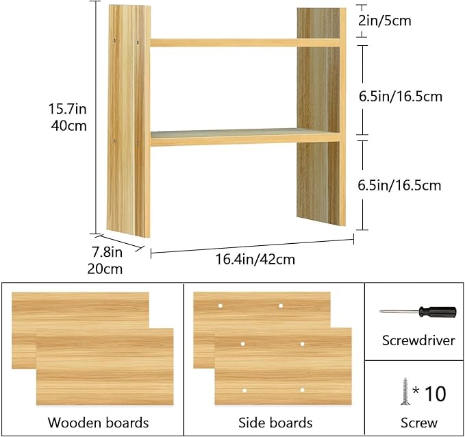 Small Shelf for Desk - Desktop Organizer Shelf, Over Desk Storage, 2 Tier Desktop Bookshelf for Office Table Top Organizer, Wood 2 Pack