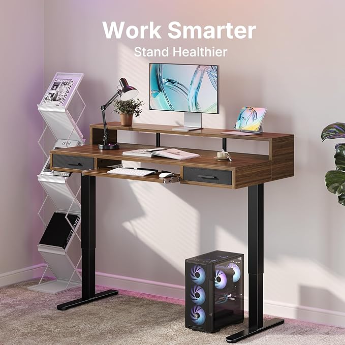HUANUO 55″ x 26″ Electric Standing Desk with 2 Drawers &24.4″ Large Keyboard Tray, C-Clamp Mount Compatible, Adjustable Computer Desk for Office, Sit Stand Up Desk with 4 Height Presets, Deep Walnut