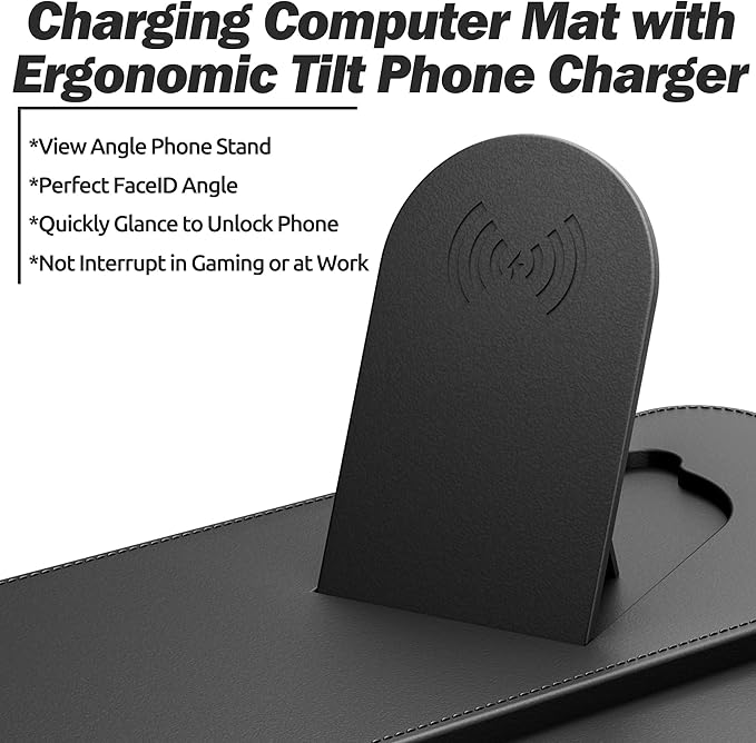 15W Magnetic Wireless Charging Desk Pad with Ergonomic Tilt Phone Stand, 35×15in XXL Foldable PU Leather Mouse Pad with Keyboard & Mouse Memory Foam Wrist Rest for Gaming Office Home Minimalist Desk