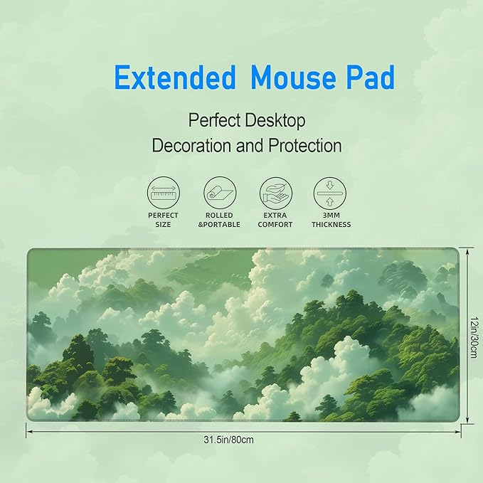 Green Forest Mouse Pad,Large Misty Mountain Nature Mousepad,Extended Gaming Gentle Aesthetic Office Desk Decor Mouse Mat with Non-Slip Base and Stitched Edge,31.5 x 12in