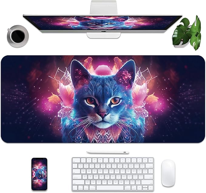 Leather Desk Mat 35.4" x 15.7", Desk Pad for Computer or Laptop, Computer Mat Mouse Pad for Keyboard or Mouse, Large Desk Mat for School, Office, Home (35.4" x 15.7", Cat)
