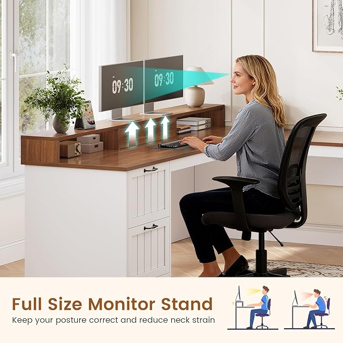 SEDETA Farmhouse L Shaped Desk with Drawers, 63" Office Desk with File Drawers, Wood Corner Computer Desk with Storage, Home Office Desk with Monitor Stand and Storage Cabinet, Walnut and White