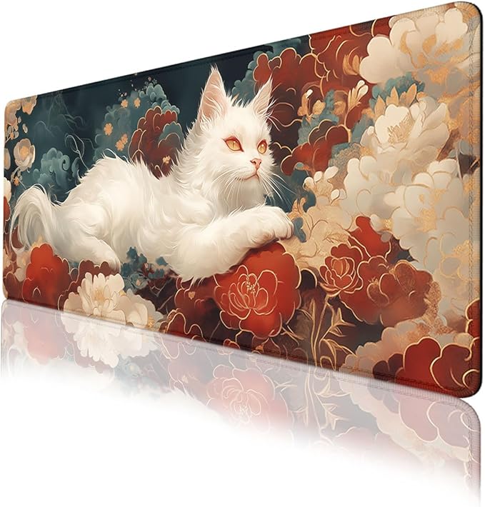 White Cat Mouse Pad Traditional Japanese Auspicious Clouds Extended Mousepad Waterproof Stitched Edges Rubber Base Non-Slip Deskmap Computer Keyboard Mat 31.5x11.8 in