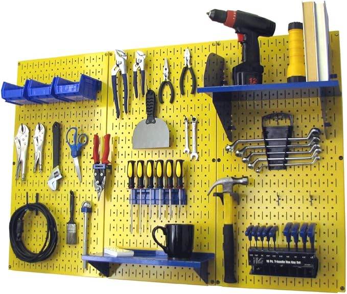 Wall Control Pegboard Organizer 4 ft. Metal Pegboard Standard Tool Storage Kit with Yellow Toolboard and Blue Accessories