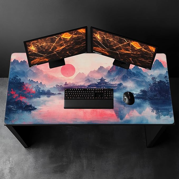 Landscape Ink Painting Gaming Mouse Pad, Extra Large Gaming Mouse Pads, Waterproof, Non Slip, Big Computer Mousepad Mice Pads Desk Pad Stitched Edges for Women Office Home (48"x24", Pink)