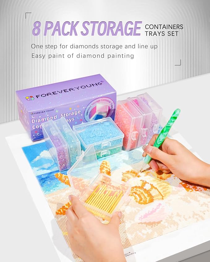 forever young 8pcs Diamond Painting Storage Containers Trays, Diamond Painting Accessories Diamond Painting Trays with Lids, 2-in-1 Diamond Art Storage, Bead Storage & Line-Up, Purple Box