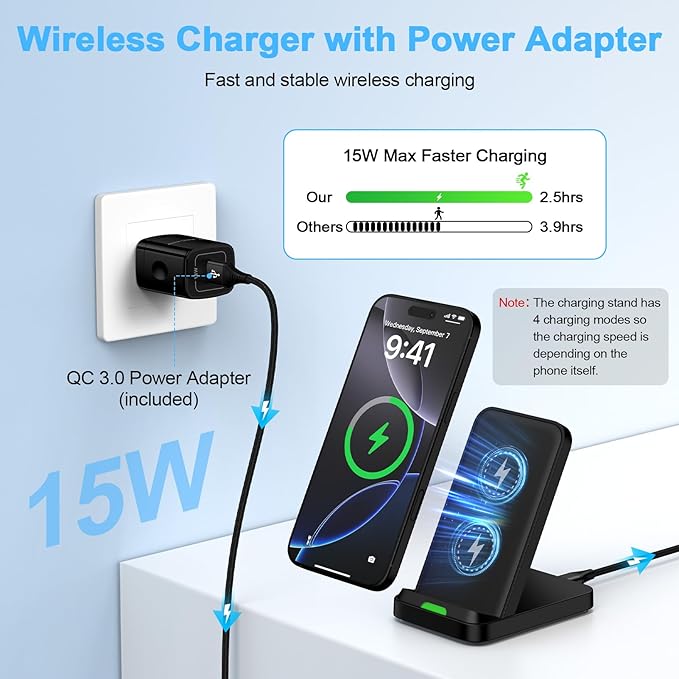 Wireless Charger Stand for Moto G Stylus 5G 2025/2024,Moto Edge/Razr 2025,Moto G Power 5G 2025/2024,15W Fast Charging Station with QC Adapter for Samsung Galaxy S25 S24FE,iPhone 17 16 15,Pixel 10 Pro