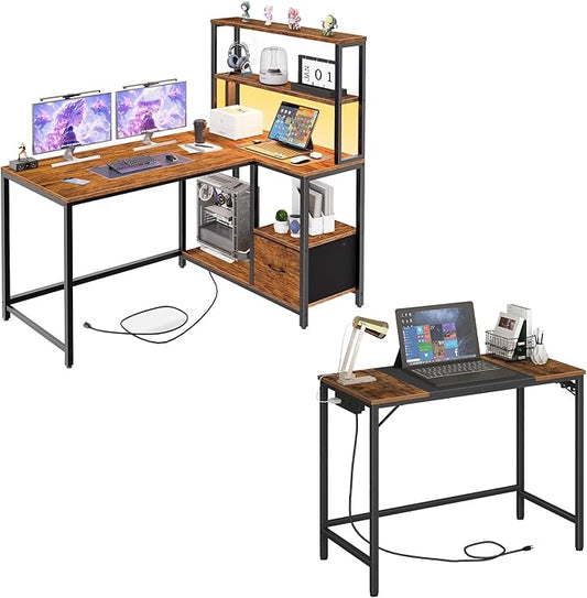 HOOBRO Computer Desk Bundle, L Shaped Gaming Desk with LED Light & Power Outlet, Storage Shelves & Drawer, 3 Hooks for Study Room, Home Office, Rustic Brown and Black BF40UDN01-BF18UDDN01