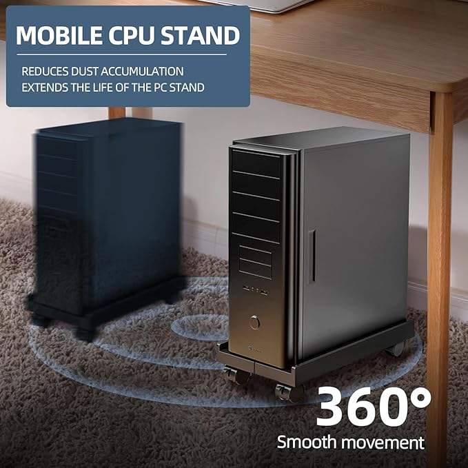 Adjustable Mobile CPU Stand, Ventilated Computer Tower Stand with 4 Caster Wheels Fits Most PC Tower, Under Desk CPU Holder PC Floor Cart Computer Riser for Students and Gamers (Gray)