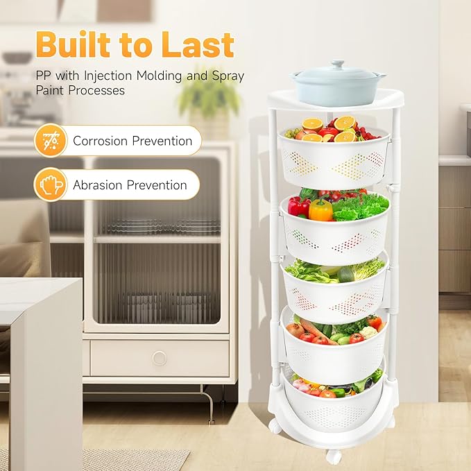Fruit Basket for Kitchen, 5 Tier Circular Rotating Basket Large Storage Rack with Wheels, Standing Shelf Storage, Multi-Layer Storage Shelves with Top Lid for Living Room, Office, White (5-Tier)