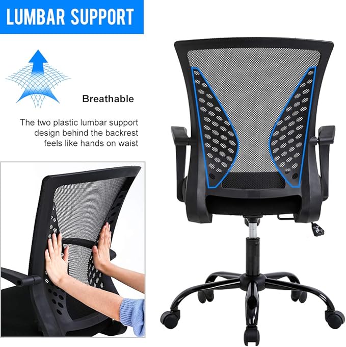 BestOffice Office Chair Mesh Computer Chair Lumbar Support Armrest Mid Back Task Chair and 47 Inch Gaming Desk Carbon Fiber Table Gamer Workstation Cup Holder