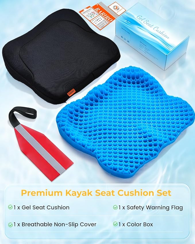Premium Gel Kayak Seat Cushion, Thickened Non-Slip Waterproof Seat Pad, Breathable Universal Fit for Canoe Fishing Boat, Portable Washable Kayak Accessories, with Safety Travel Flag - Blue