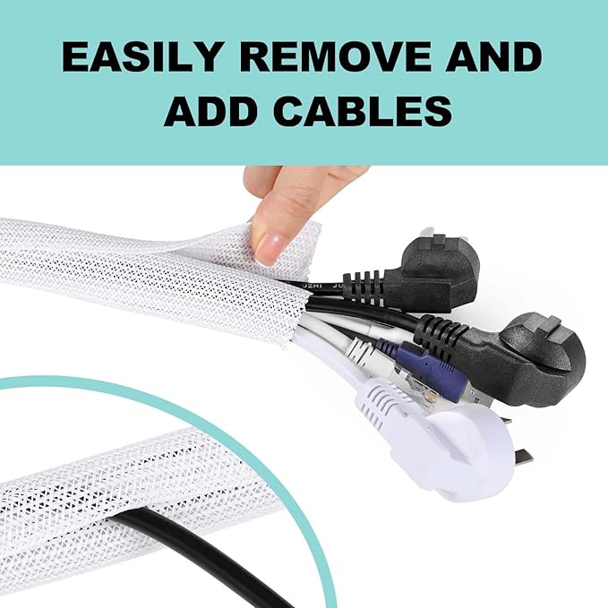 AGPTEK Cable Sleeve Cover, 10ft - 1 inch Cord Management Wire Organizer Under Desk, Home Office Computer Wire Cover Hider Cord Protector, Protect Pet Cat Dog from Chewing, White