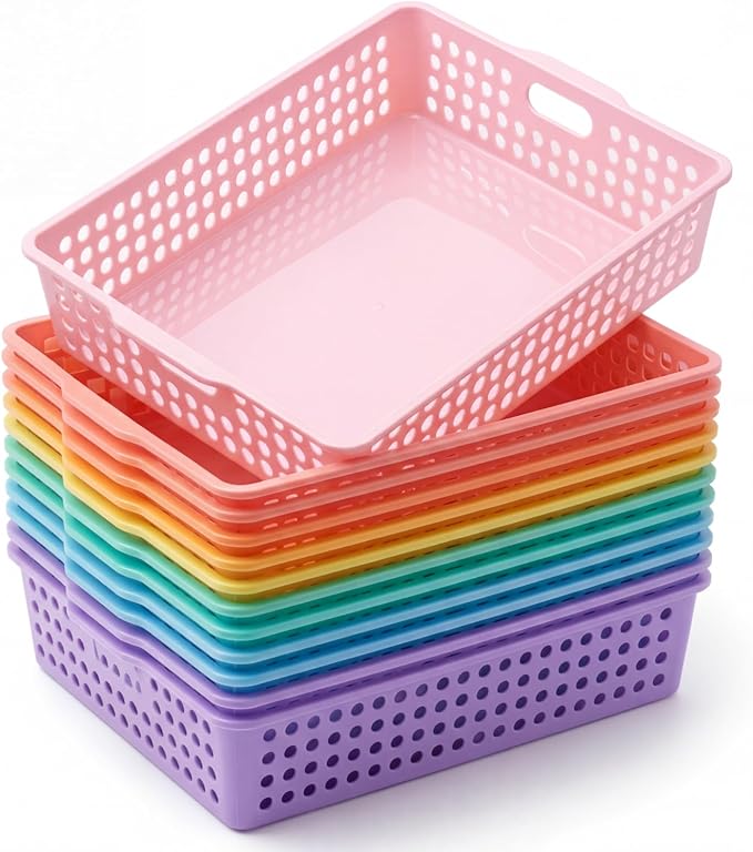 Geetery 12 Pack Classroom Storage Baskets with Handle 14''x10'' Paper Tray Holds A4 Turn in Trays Plastic Paper Baskets Desk Organizer Bin for Classroom, Library, Office, Home (Pastel Color)