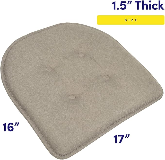 Sweet Home Collection Chair Cushion Memory Foam Pads Tufted Slip Non Skid Rubber Back U-Shaped 17" x 16" Seat Cover, Khaki Gray- 2 Count (Pack of 2)