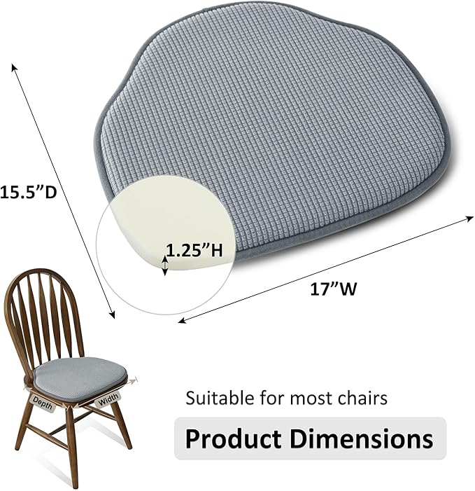 Shinnwa Windsor Chair Cushions 2 Pack, Non Slip Kitchen Seat Cushion, Farmhouse Chair Pads for Dining Room, Set of 2, 17 x 15.5 inches, Grey