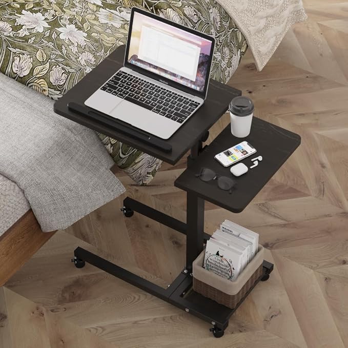 LINGMI Mobile Height Adjustable Laptop Desk with Mouse Pad, Portable Laptop Desk Rolling Tiltable Table with Small Side Table for Couch,Rolling Computer Stand