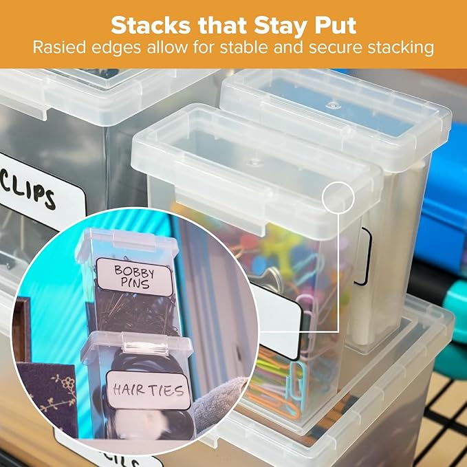 Bostitch Konnect Storage Containers with Lids, Office Organizer, Clear Plastic Box, Stackable for Crayons, Q-tips, Office Supplies, Labels, 0.5 Qt, 2 Pack