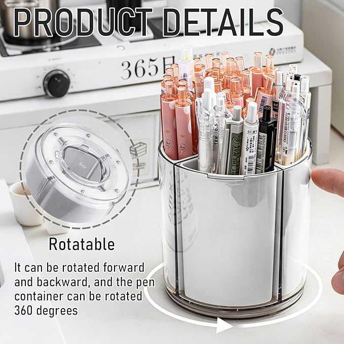 360 Rotating Plastic Desk Pen Organizer, Rotating Detachable Desk Organizer, Multi Compartment Pen Holder, 5 Slots Unique Make Up Brushes Cup for Cosmetics, Art Supply, White, 1 Piece
