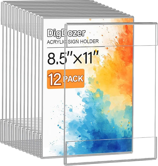 12 Pcs Acrylic Sign Holder 8.5 x 11, Vertical Wall Mount Sign Holders with Adhesive, Clear Plastic Frames Paper Display Sign Holders for Office, Home, Store, Restaurant - No Drilling